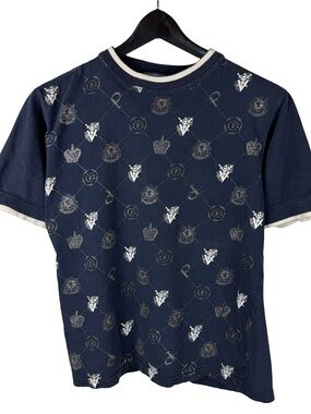 Mens Y2K Paco Jeans Co Streetwear All Over Print Punk Blue Shirt Size M